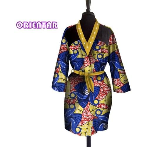 2019 Casual African Dresses for Women High Waist V-neck African Print Cotton Dress Lady Plus Size Midi Dress Gown WY5065