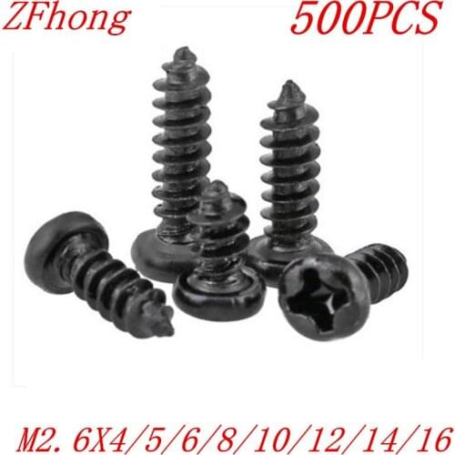 500PCS M2.6*4/5/6/8/10/12/14/16 2.6mm black micro electronic screw cross recessed phillips round pan head self tapping screw