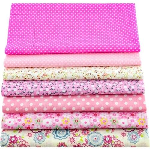 Booksew Pink Printed Lovely Flowers And Dots 7 Pieces Plain Fabric Bundle For Dolls DIY Carfts Sewing Quilting Meter Tissue