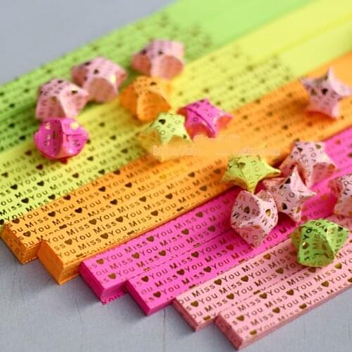 DIY Handcraft Lucky Star Origami Paper Strips Quilling Printed Miss You Mix Shinning Colors Home Wedding Decoration Craft
