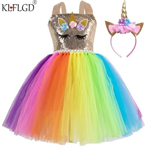 Girl Princess Birthday Party holy feast rainbow Sequin one corner dress 2021 childrens wear baby Unicorn gradient mesh dress