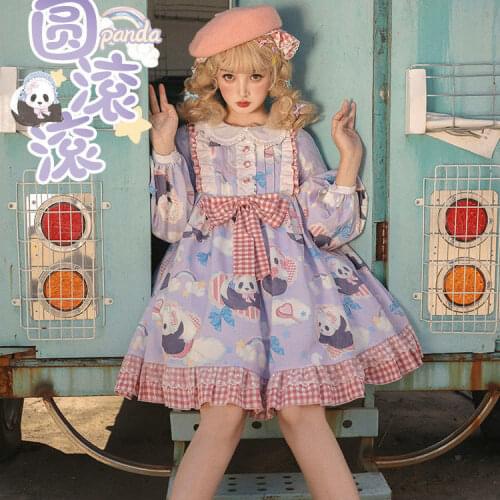 Purple Kawaii Lolita Lovely Panda Printing Sweet Lolita Style Cute Dress Long Sleeve Tea Party Dress