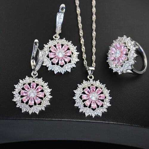 Funmode 3PC Pink Flower Shape Ring Necklace Earring Wedding Party Jewelry Sets For Women Set pulseras Wholesale FS133