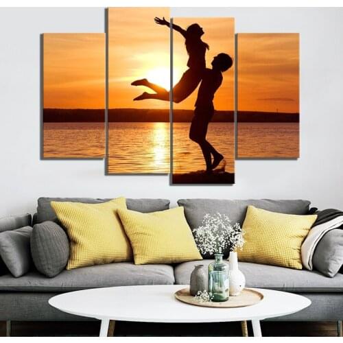 4 Piece HD Picture Romantic Couple Nature Scenery Landscape Poster Sunset Paintings Seascape Canvas Painting Wall Art Home Decor
