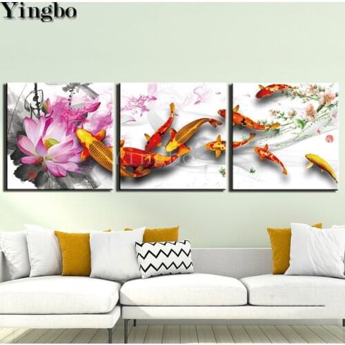 Chinese Nine Koi fish lotus diy handwork embroidery diamond painting full round square diamond mosaic Wall Art 3 pieces