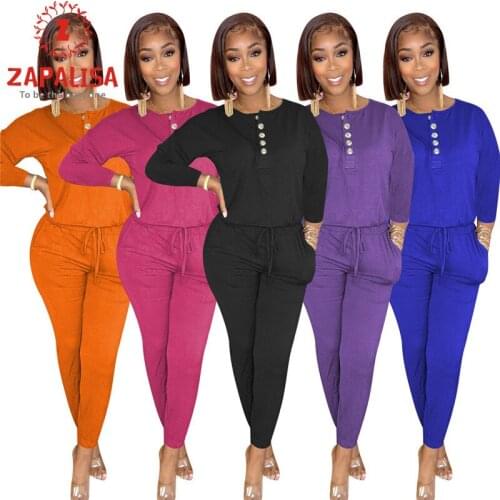 Fashion Women Solid Color 2 Piece Set Drawstring Design Pockets Button Decor O-Neck Long Sleeve Top+Mid Waist Slim Pencil Pants
