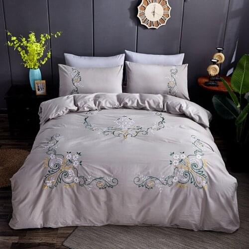 Cilected 3Pc European Gray Bedding Set 100% Cotton Embroidery Quilt Cover And Pillowcases Single Double Duvet Cover Set No Sheet