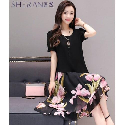 4xl plus big size womens dresses 2018 spring summer dress style printing Irregular two pieces casual chiffon dress female