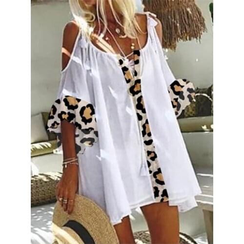 Fashion Summer Casual Loose Leopard Stitching Tie Tops Short Sleeve Cross Folds Blouses Pullover Top Tee Strappy Top3XL Boho Tee