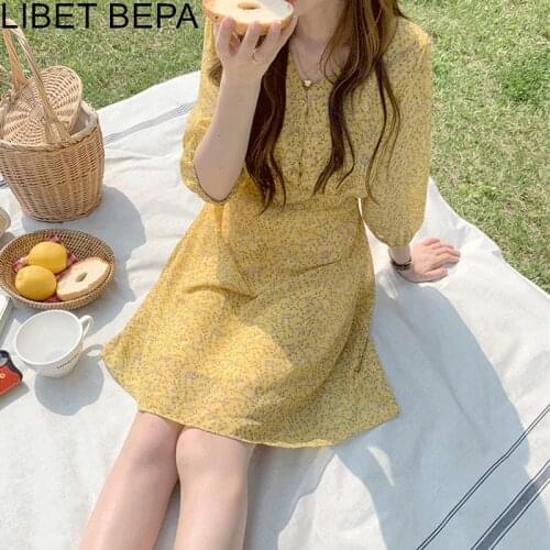 2021 New Womens Summer Dresses V-Neck Casual Print Floral High Waist Vintage Elegant Fashionable Lace Up Lady Mini Dress DR1927