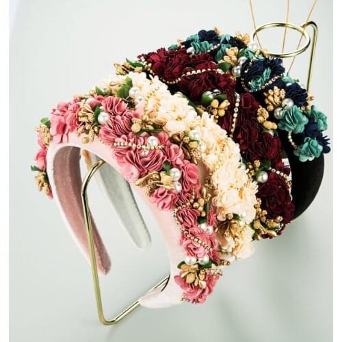 New Luxury Velvet Bling Rhinestone Crystal Pearl Flower Headband Colorful Diamond Hairband Headwear Women Party Hair Accessories