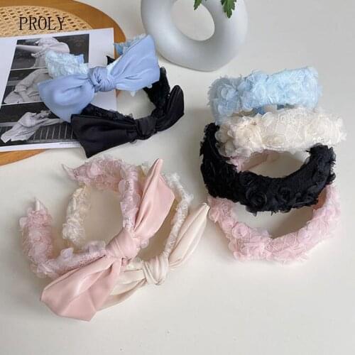 PROLY New Fashion Women Headband Lace Flower Hairband Big Bowknot Headwear Soft Casual Turban Hair Accessories
