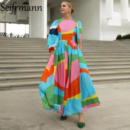 Seifrmann New 2021 Autumn Women Fashion Designer Long Dress Lantern Sleeve Colorblock Printed Elegant A-Line Dresses Vestidos