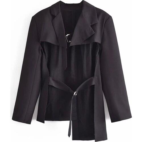 XIKOM 2021 Women Black Streetwear Asymmetrical hem Long Sleeve Suit Female Vintage Fashionable Shawl Blazer Casual Tops