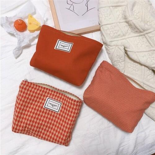 Yeqofcd Womens Cosmetic Case Orange Red Lattice Canvas Girls Cute Coin Purse Zipper Wallet Bag Change Pouch Cotton Key Holder