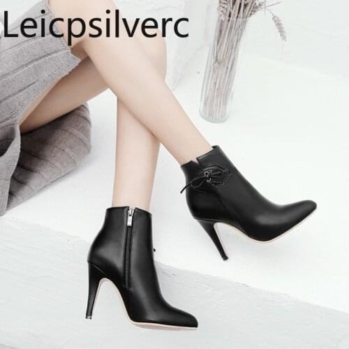 Womens Boots Autumn And Winter butterfly Knot Pointed zipper Fine heel High heel Short tube Womens shoe plus size 28-52