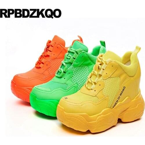 Green breathable muffin plain sneakers thick sole trainers wedge high quality elevator mesh creepers platform shoes women yellow