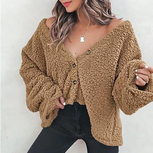 Thorn Tree Women Fashion Jackets Cardigan Buttons Down Fleece Jacket Winter Warm Long Sleeve Deep V Neck Solid Color Coats 2021