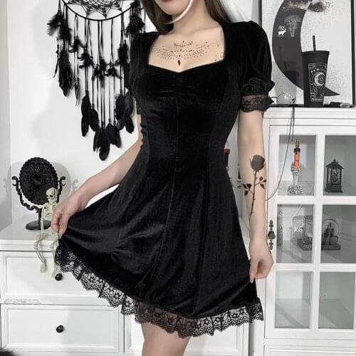 GREYGEM Womens Mini Dress 2021 for Autumn Winter Short Sleeve A Line Lace Patchwork Female Velvet Black Goth Elegant Clothes