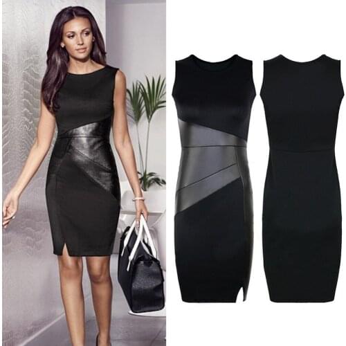 Women Bodycon Summer Dress 2020 Fashion Ladies OL Pencil Dress Faux Leather Splice Sleeveless Elegant Office Workwear Plus Size