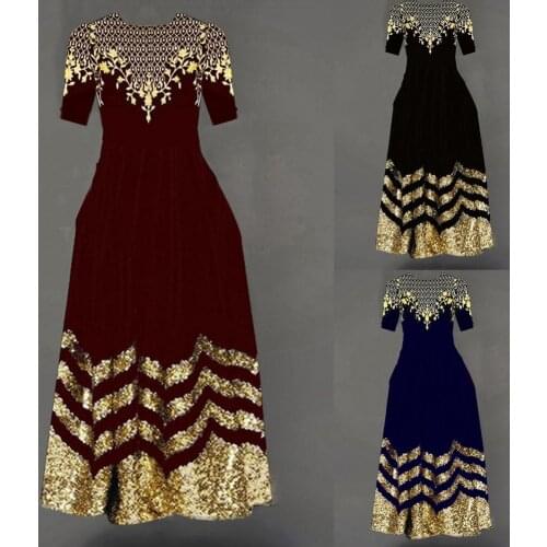 2021 New Women Elegant Charming Maxi Dress O Neck Floral Print Vintage High Waist Half Sleeve Ball Gown for Party Dating Wedding