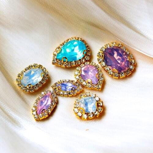 12p teardrop oval navette acrylic resin rhinestones sew on rhinestone trim gold base jewels garment button beads DIY accessories