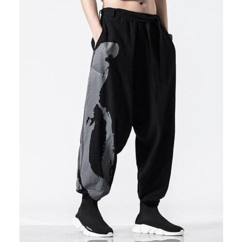 #2596 Casual Joggers Retro Linen Wide Leg Pants Men With Belt Plus Size 5XL Vintage Trousers Baggy Hip Hop Pants Homme Red Black