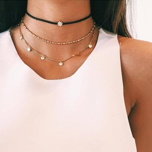 3 Pcs/Set Fashion Stars Round Crystal Chain Leather Multilayer Necklace Women Party Gold Clavicle Necklace Personality Jewelry