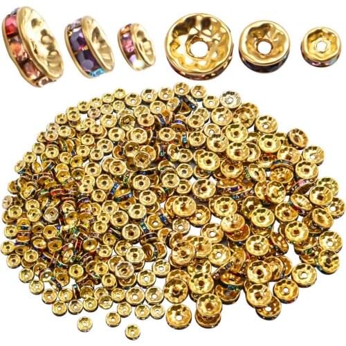 300pcs Multicolor Rhinestone Spacer Beads Mixed Crystal Rondelle Beads for Bracelets Necklaces Jewelry Making,6mm/8mm/10mm,Gold