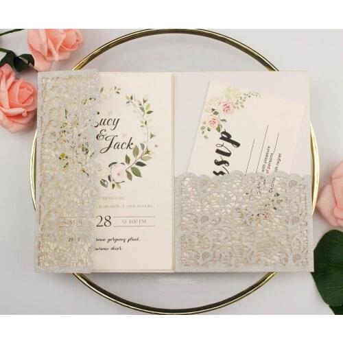 50pcs pocketfold laser cut lace silver glitter paper Wedding invitation cards trifold pocket card gatefold for anniversary