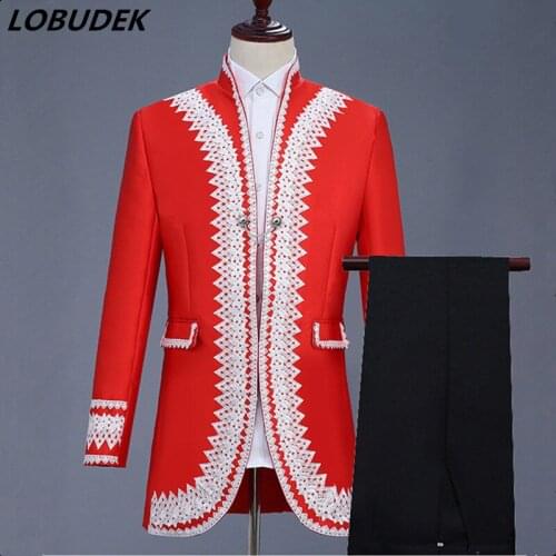 England Style Court Dress Red Embroidery Mens Suits Male Wedding Groom Blazers Outfit Prom Party Singer Chorus Stage Costumes