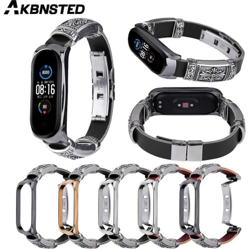 AKBNSTED Retro Style Leather+Metal Butterfly Buckle DIY Watch Strap For Xiaomi Mi Band 5&5 NFC/Mi Band 4&3 Smart Watch Wristband