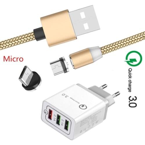 QC 3.0 Fast Charge charger & magnetic Micro USB Cable For Samsung galaxy A10 Honor 8X 7A Redmi 6a Note 5 6 Pro HTC Android Phone