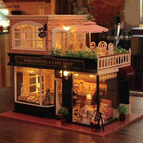 Wooden House DIY Doll House French Coffee Tour Large Handmade Model House Valentines Day Birthday Gift