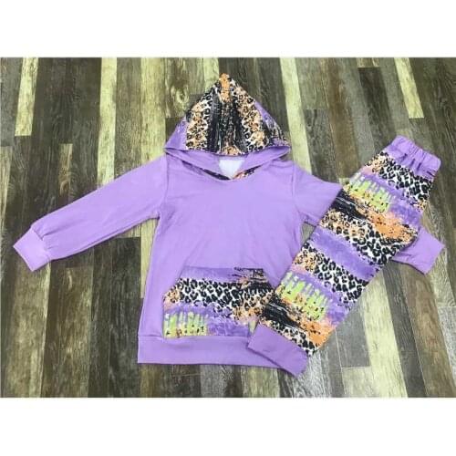 Kid wear fall long sleeve hoodie set purple leopard print clothing set