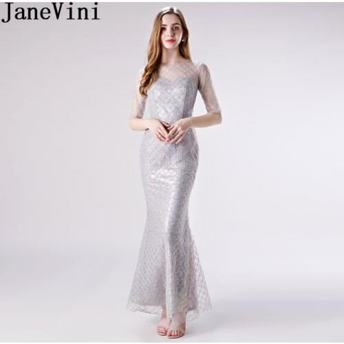JaneVini Shiny Colorful Sequins Long Prom Dresses 2019 Mermaid Half Sleeve Beaded Sexy See Through Teen Prom Gown Party Dress