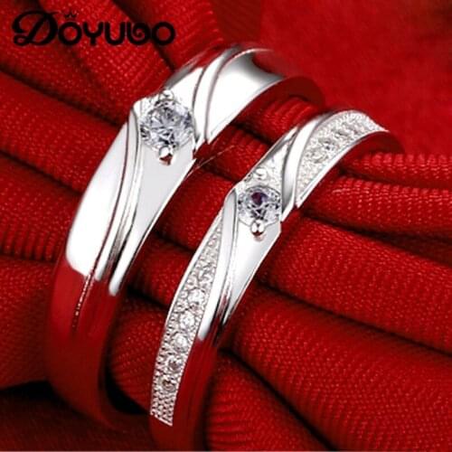DOYUBO 925 Sterling Silver CZ Lovers Rings Rhombic Resizable Silver Couples Rings Engraved Names & Dates Wedding Jewelry VB347
