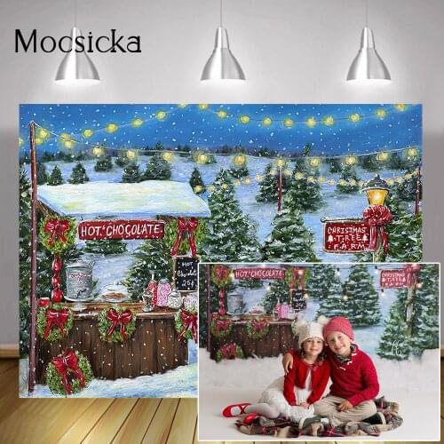 Winter Hot Chocolate Stand Photography Backdrop Christmas Trees Farm Birthday Portrait Background Studio Snow Oil Painting Photo