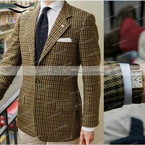 Formal Mens Suits Regular Fit Plaid Wool Tweed Prom Army Green Tuxedos Solid Business Brown Suits for Wedding Grooms Best Man