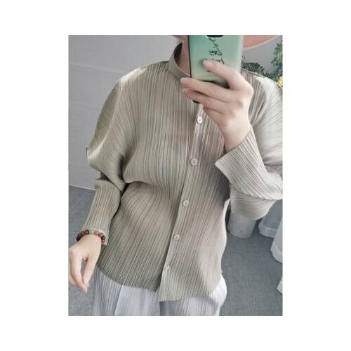 HOT SELLING Miyake folds long Sleeve paragraph stand neck Sexy mesh single breasted coat IN STOCK