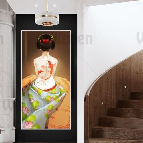 Japanese Woman Kimono Back View Koi Lotus Anime Poster Decoration Canvas Painting For Home Japanese Restaurant Hotel Wall Decor