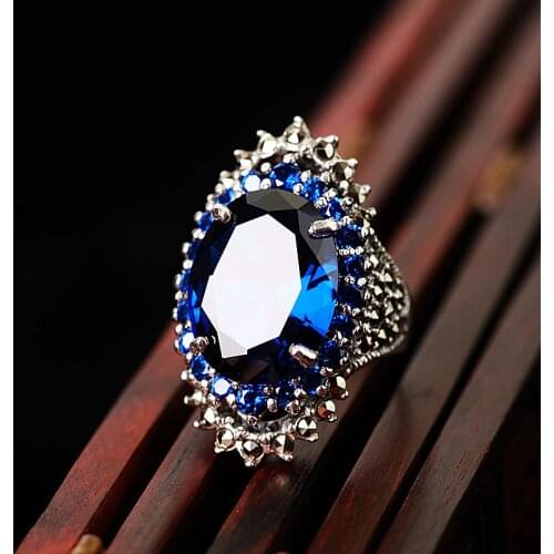 Luxury Male Female Big Blue Sapphire Ring Vintage 925 Sterling Silver Engagement Ring Large Oval Wedding Rings For Men And Women
