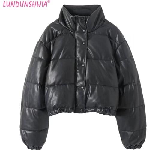 LUNDUNSHIJIA 2021 Winter Women Black PU Leather Cotton-padded Jackets Long Sleeve Warm Coat Short Parka Female Outwear