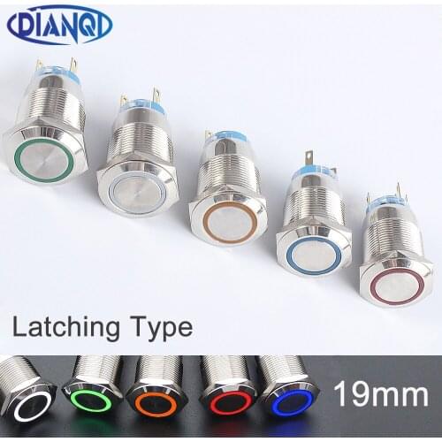 19mm brass Push Button Switch flat round illumination ring Latching 1NO 1NC Car button pin terminal 3-6v 12v24v Green white red