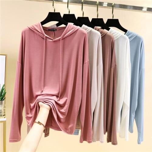 Summer Sweatshirts Womens Hooded Long Sleeve T Shirt Ladies Casual Loose All-Match Solid Color Thin Soft Top Tees