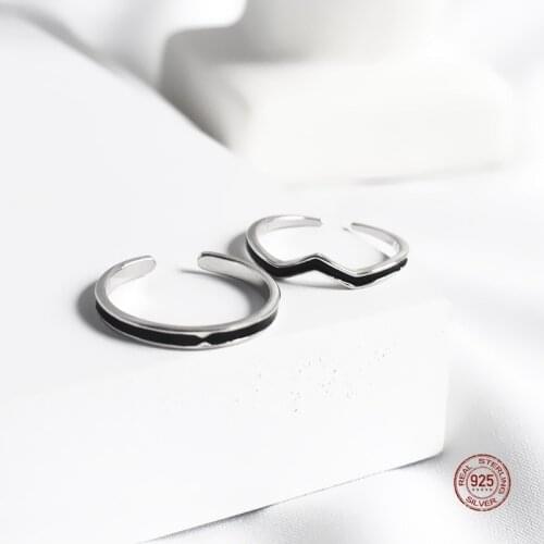 LKO INS Style Jewelry 925 Sterling Silver Black Enamel Round Wave Ring Fashion Women Party Jewellery Opening Adjustable Ring