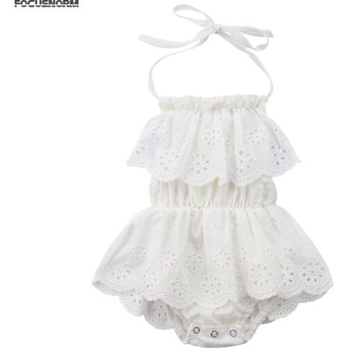 Toddler Baby Girls Princess Sweet Lovely Romper Dress 0-24M Sleeveless Belt Lace Floral White Covered Button Romper Dress