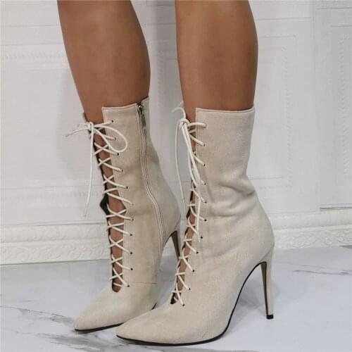 MKKHOU Fashion Short Boots Women New Temperament Apricot Pointed Cross-Lace Stiletto Heel Ladies All-Match High-Heeled Boots