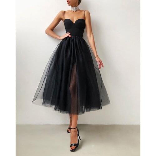 Fashion Women Summer Formal Party Cocktail Dress Solid Color Spaghetti Straps Side Slit Mesh Braces Dress for Girls Black/White