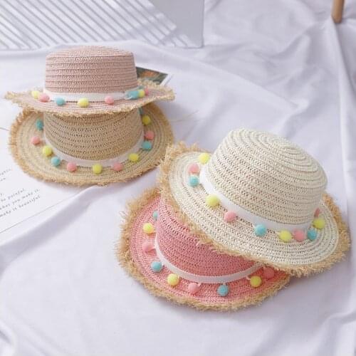 New Summer Outdoor Children Straw Hat Colorful Ball Decorate Panama Hat For Girls Kids Bucket Beach Sun Caps Baby Hats